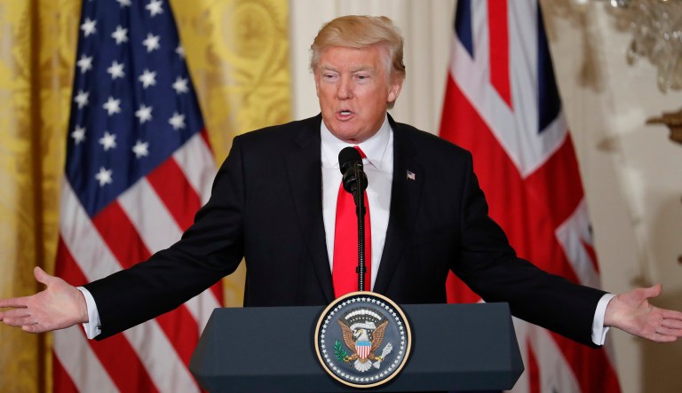 President Trump gestures during a joint news conference with British Prime Minister Theresa May in the East Room of the White House White House in Washington on Jan. 27, 2017.
