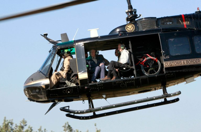 Secretary of Homeland Security John Kelly and Texas Governor Greg Abbott take off in a helicopter tour of the Texas border with Mexico Wednesday, Feb. 1, 2017 at the Texas Department of Public Safety regional headquarters in Weslaco, Texas.