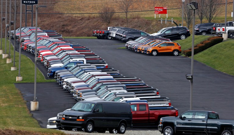This Feb. 2, 2017, photo shows Chevrolet pickup trucks at a dealership in Pittsburgh.