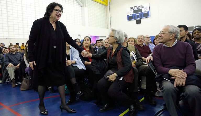 U.S. Supreme Court Justice Sonia Sotomayor, standing, circulates among the crowd while speaking to students and other invitees during the Thomas J. Volpe lecture series at St.Francis College in Brooklyn Heights, Thursday, Feb. 2, 2017, in New York.