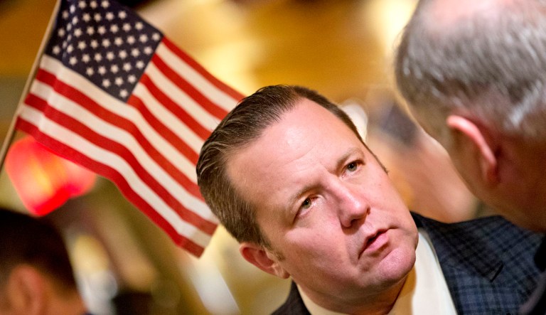In this Jan. 23, 2017 photo, Republican candidate for Virginia governor Corey Stewart speaks at a campaign rally in a restaurant in Occoquan, Va.