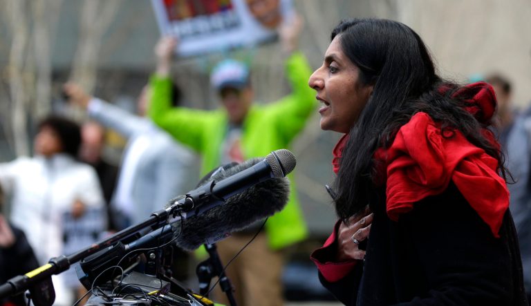 Seattle City Councilmember Kshama Sawant speaks at a protest in front of the federal courthouse, Friday, Feb. 17, 2017, in Seattle.