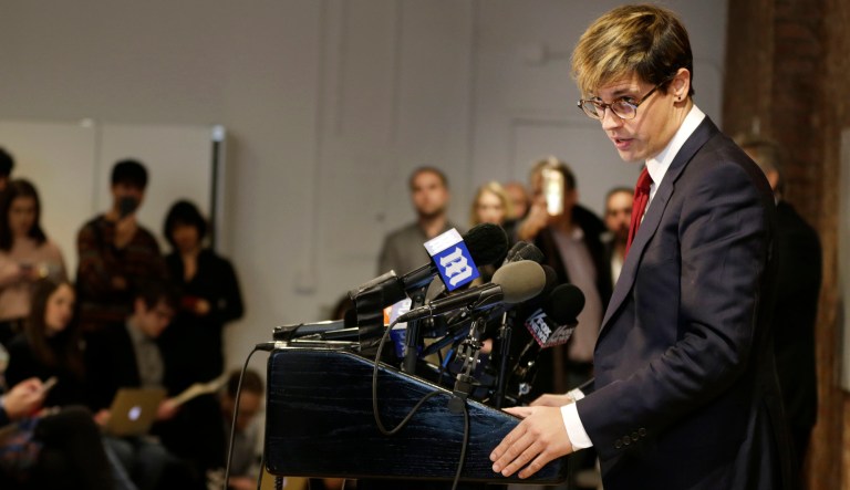 Milo Yiannopoulos speaks during a news conference in New York, Tuesday, Feb. 21, 2017. Yiannopoulos has resigned as editor of Breitbart Tech after coming under fire from other conservatives over comments on sexual relationships between boys and older men.