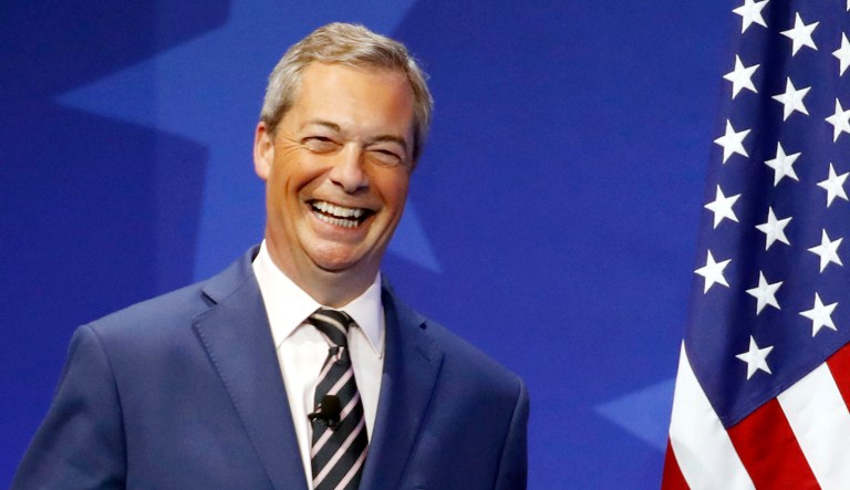 Nigel Farage smiles during an event in Maryland.