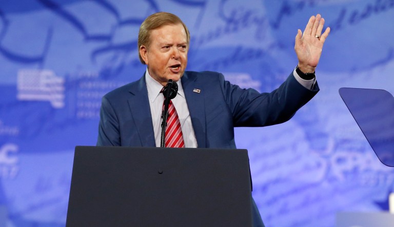 Lou Dobbs, with Fox News, speaks at the Conservative Political Action Conference (CPAC), Friday, Feb. 24, 2017, in Oxon Hill, Md.