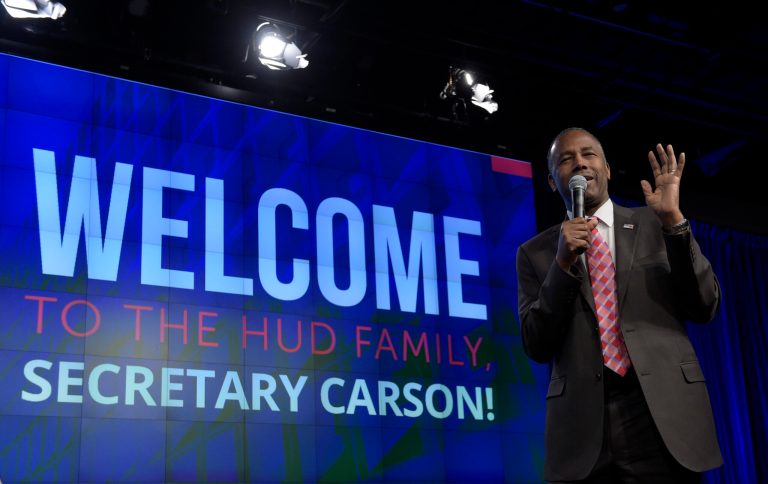 Housing a Urban Development Secretary Ben Carson speaks to HUD employees in Washington, Monday, March 6, 2017.