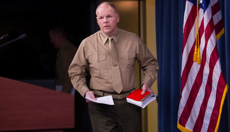 Marine Corps Commandant Gen. Robert Neller arrives for a news conference at the Pentagon, Friday, March 10, 2017. Neller said that an investigation into reports that nude photos of female service members are being secretly posted online without their permission has an effect on the entire Marine Corps and must be done carefully.