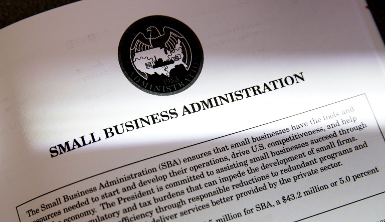 Proposals for the Small Business Administration in President Trump's first budget are displayed at the Government Printing Office in Washington.