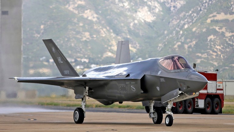 An F-35 jet arriving at its new operational base at Hill Air Force Base in Utah.