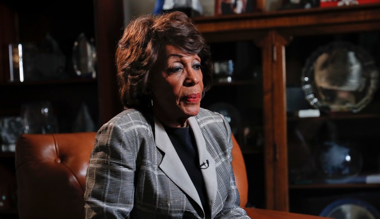 Rep. Maxine Waters, D-Calif., pauses as she speaks during an interview at her congressional office. 