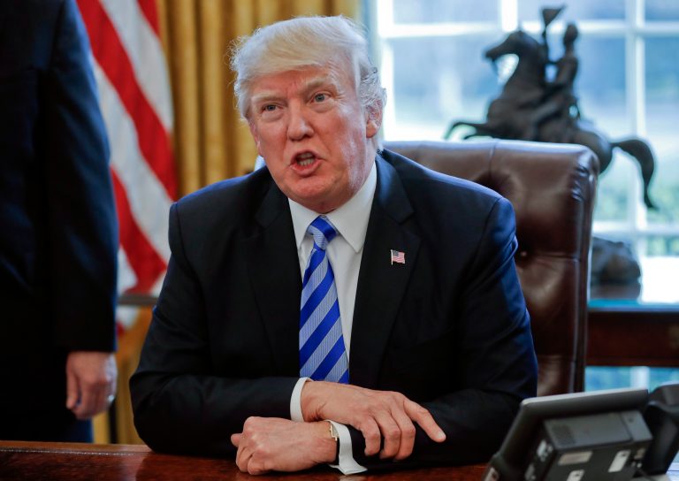 President Trump talks about the health are overhaul bill, Friday, March 24, 2017, in the Oval Office of the White House in Washington.