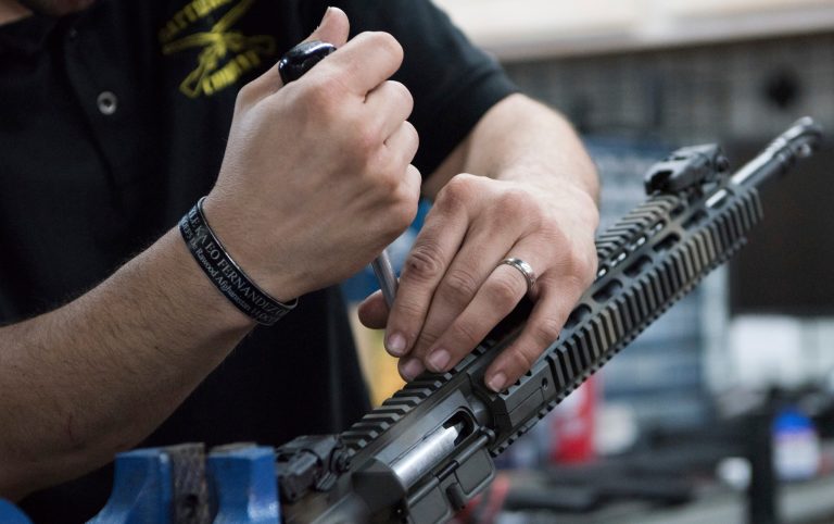 In this photo taken March 15, 2017, Karl Sorken, production manager for Battle Rifle Co., based in Webster, Texas, works on the rails of an AR-15 style rifle. Battle Rifle is one of now more than 10,000 gunmakers in the United States. President Donald Trump promised to revive manufacturing in the U.S., but one sector is poised to shrink under his watch: the gun industry. Fears of limits on guns led to a surge in demand during President Barack Obamaâs tenure and manufacturers leapt to keep up.