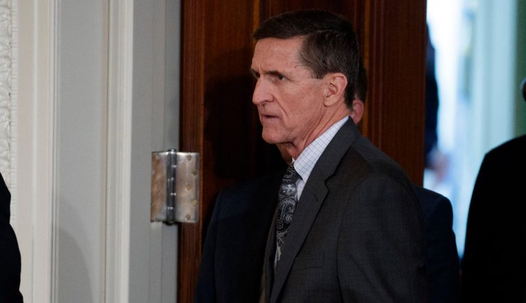 In this Feb. 13, 2017 photo, Mike Flynn arrives for a news conference in the East Room of the White House in Washington. 