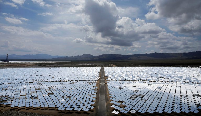 This Aug. 13, 2014 photo, shows an array of mirrors at the Ivanpah Solar Electric Generating site in Primm, Nev. 