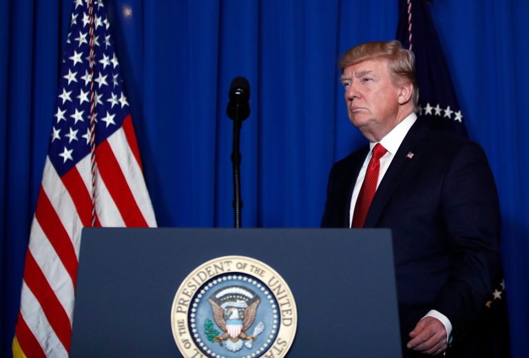 President Donald Trump arrives to speak at Mar-a-Lago in Palm Beach, Fla., Thursday, April 6, 2017, after the U.S. fired a barrage of cruise missiles into Syria Thursday night in retaliation for this week's gruesome chemical weapons attack against civilians. 