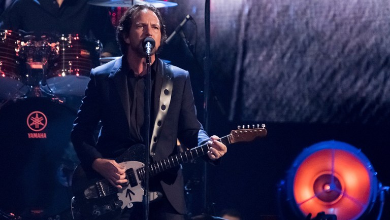 Inductee Eddie Vedder from the band Pearl Jam performs at the 2017 Rock and Roll Hall of Fame.