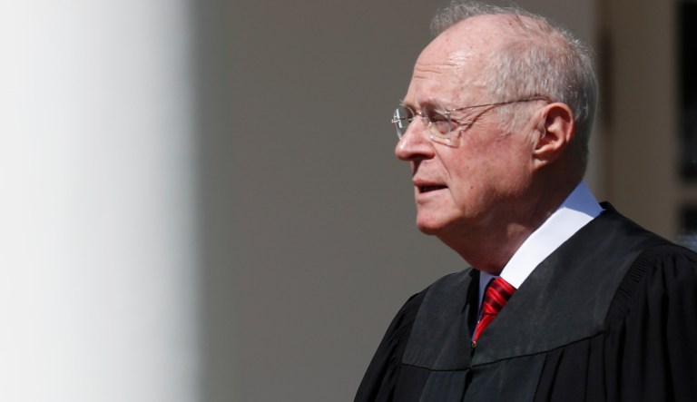 Supreme Court Justice Anthony Kennedy administers the judicial oath to Judge Neil Gorsuch during a re-enactment in the Rose Garden of the White House White House in Washington, Monday, April 10, 2017.