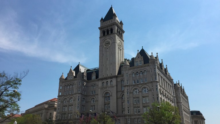 This April 13, 2017 image shows the clock tower at the Old Post Office, a historic building in Washington D.C.