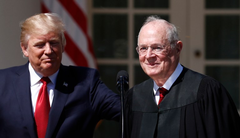 President Trump and Supreme Court Justice Anthony Kennedy participate in a public swearing-in ceremony for Justice Neil Gorsuch in the Rose Garden of the White House on April 10, 2017.