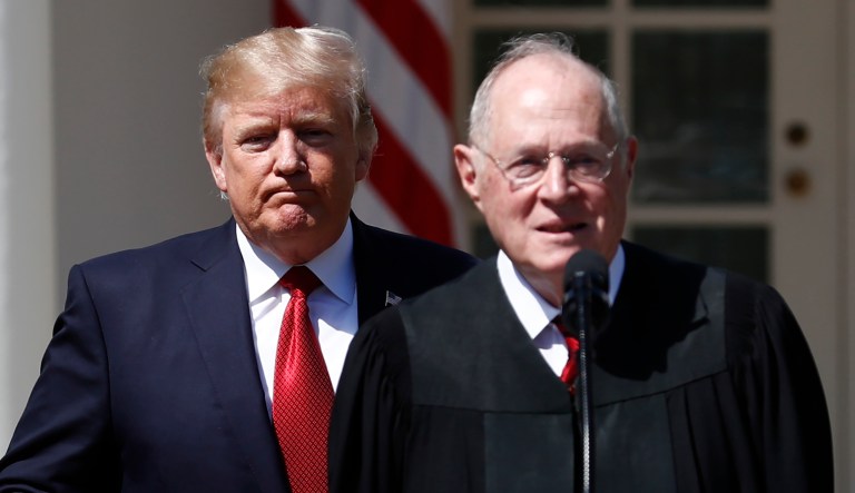 President Trump and Supreme Court Justice Anthony Kennedy participate in a public swearing-in ceremony for Justice Neil Gorsuch in the Rose Garden of the White House White House on April 10, 2017.