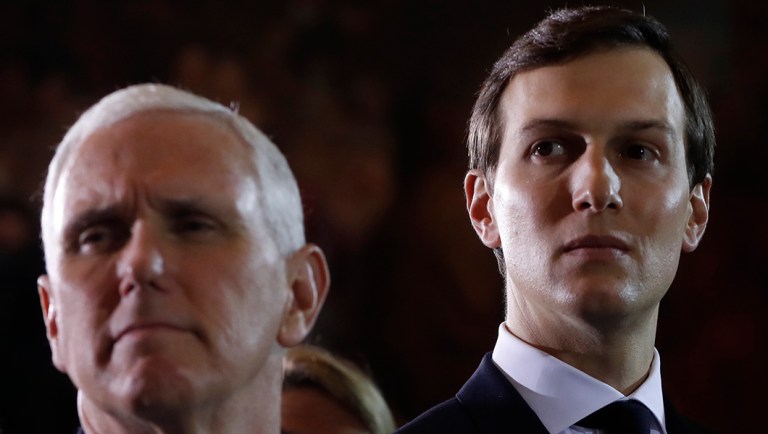 Vice President Mike Pence and White House senior adviser Jared Kushner listen on Capitol Hill in Washington.