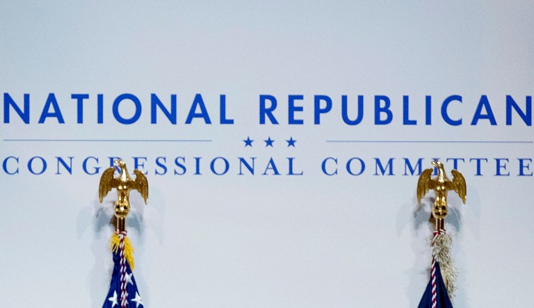 The National Republican Congressional Committee logo is seen on a wall at the National Building Museum in Washington.