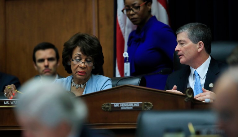 House Financial Services Committee Chairman Rep. Jeb Hensarling, R-Texas, right, talks with the committee's ranking member Rep. Maxine Waters D-Calif. on Capitol Hill during the committee's hearing on overhauling the nation's financial rules.
