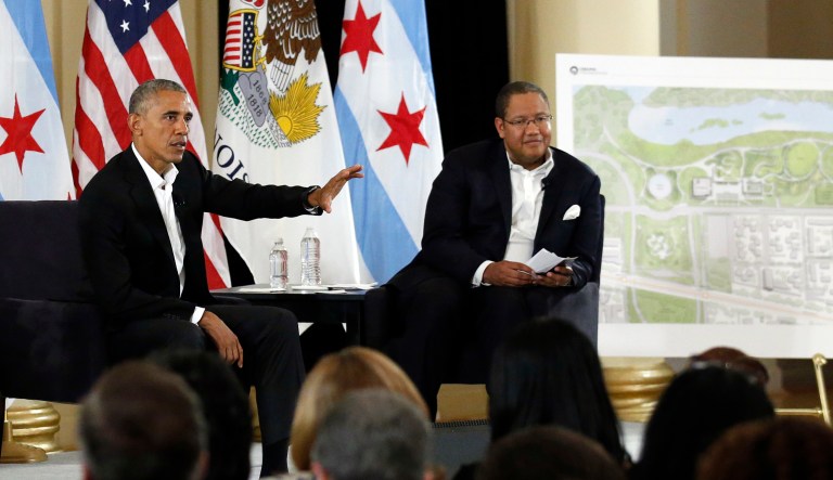 Former President Barack Obama speaks at a community event on the Presidential Center at the South Shore Cultural Center in Chicago.
