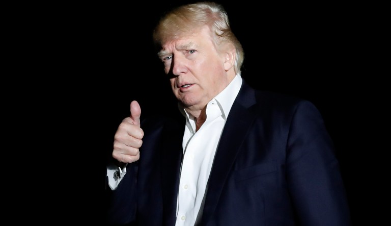 President Donald Trump give the thumbs-up as he walks from Marine One across the South Lawn to the White House in Washington, Sunday, May 7, 2017, as he returns from Trump National Golf Club in Bedminster, N.J. 