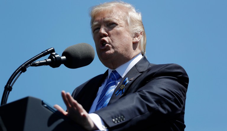 President Donald Trump speaks at the 36th Annual National Peace Officers' memorial service, Monday, May 15. 2017, on Capitol Hill in Washington.  