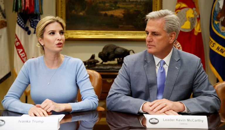 House Majority Leader Kevin McCarthy of Calif. listens as Ivanka Trump speaks during a meeting in the Roosevelt Room of the White House in Washington. 