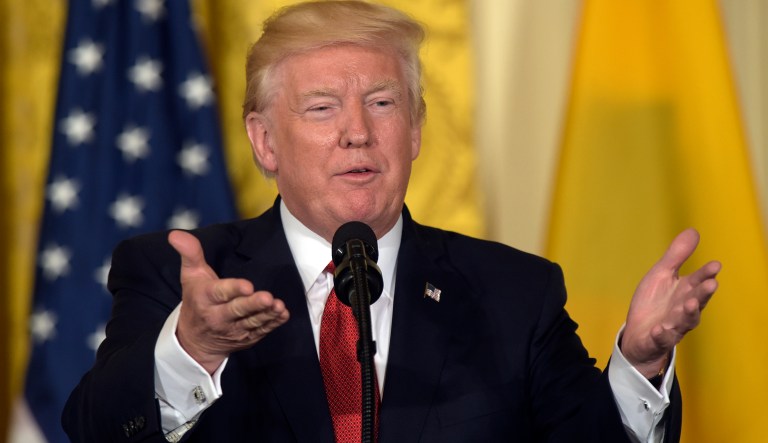 President Donald Trump speaks during a news conference with Colombian President Juan Manuel Santos in the East Room of the White House in Washington, Thursday, May 18, 2017. 