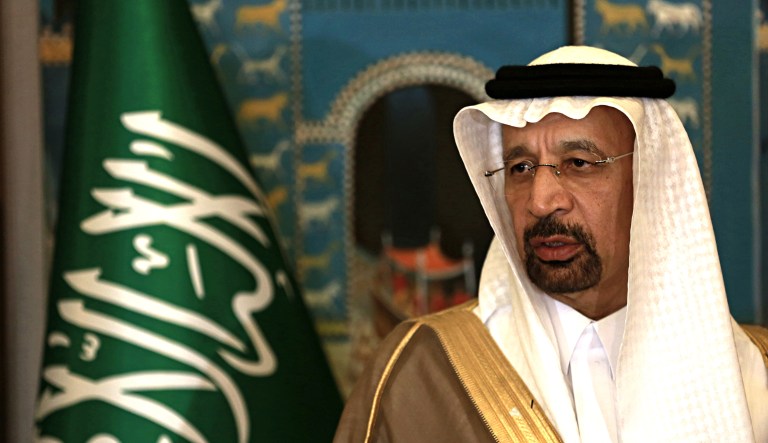 Saudi Arabia's Energy Minister Khalid Al-Falih speaks to reporters during a press conference.