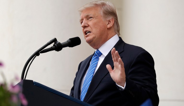 President Donald Trump speaks during a Memorial Day ceremony at Arlington National Cemetery, Monday, May 29, 2017, in Arlington, Va.