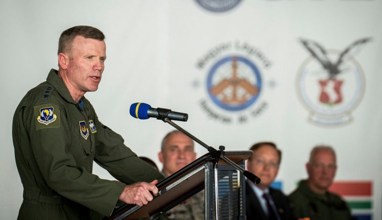General Tod D. Wolters, commander of the US Air Forces in Europe speaks during the press day of the multinational military exercise Load Diffuser 2017 at the air base of Kecskemet, 85 kms southeast of Budapest, Hungary, Friday, June 2, 2017.  
