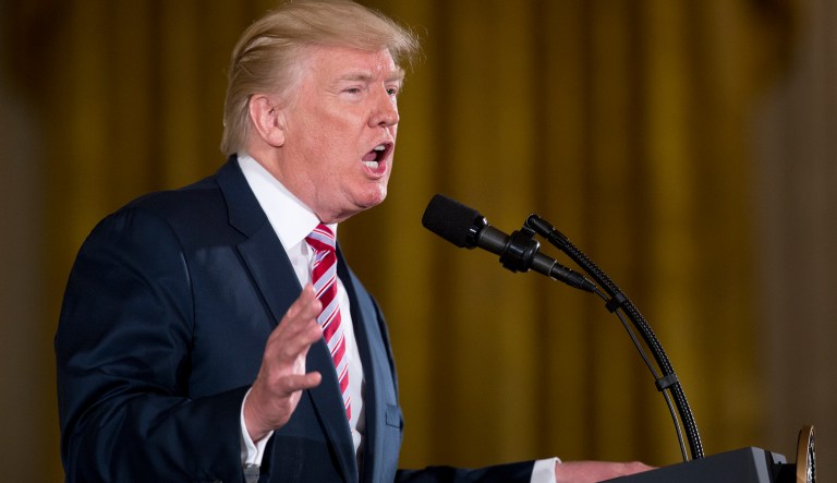 President Donald Trump speaks in the East Room at the White House in Washington, Monday, June 5, 2017. Trump is making the case for privatizing the nation's air traffic control system.