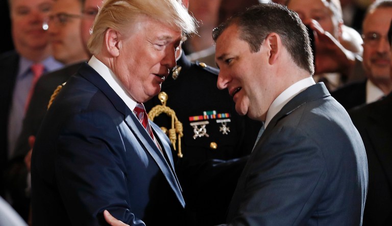 President Donald Trump shakes hands with and talks to Sen. Ted Cruz, R-Texas, in the East Room at the White House in Washington, Monday, June 5, 2017, after a ceremony to announce the Air Traffic Control Reform Initiative.