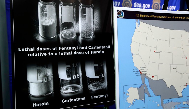 Posters comparing lethal amounts of heroin, fentanyl, and carfentanil, are on display during a news conference about the dangers of fentanyl.