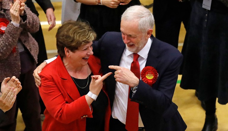 Britain's Labour party leader Jeremy Corbyn, right, gestures toward Labour's Emily Thornberry after arriving for the declaration at his constituency in London, Friday, June 9, 2017. Britain voted Thursday in an election that started out as an attempt by Prime Minister Theresa May to increase her party's majority in Parliament ahead of Brexit negotiations but was upended by terror attacks in Manchester and London during the campaign's closing days. (AP Photo/Frank Augstein)
