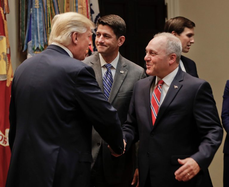 In this June 6, 2017 file photo, President Donald Trump greets House Majority Whip Steve Scalise of La., accompanied by House Speaker Paul Ryan of Wis., before the start of a meeting with House and Senate Leadership in the Roosevelt Room of the White House in Washington.