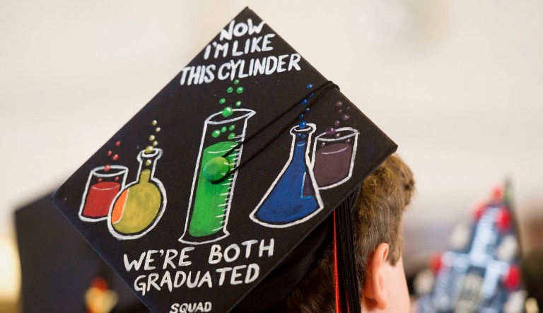 A graduate's cap is seen at a graduation ceremony in New York state.