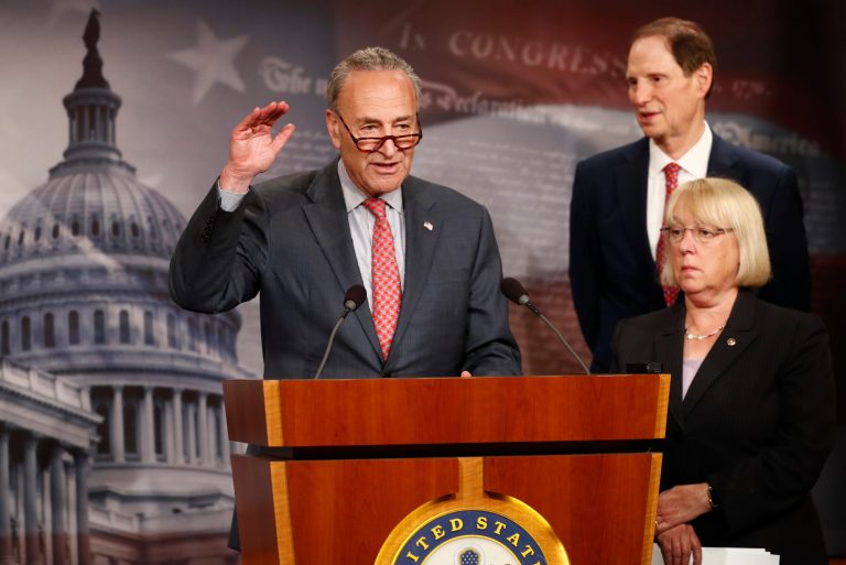 Senate Minority Leader Chuck Schumer, D-N.Y., left, joined by Sen. Patty Murray, D-Wash., and Sen. Ron Wyden, D-Ore., speaks during a new conference on Capitol Hill in Washington, Monday, June 26, 2017, about the Senate Republicans health care bill. Senate Republicans unveil a revised health care bill in hopes of securing support from wavering GOP lawmakers, including one who calls the drive to whip his party's bill through the Senate this week "a little offensive."