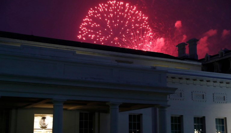 Fireworks explode over the West Wing of the White House for the Fourth of July holiday, Tuesday, July 4, 2017, in Washington.