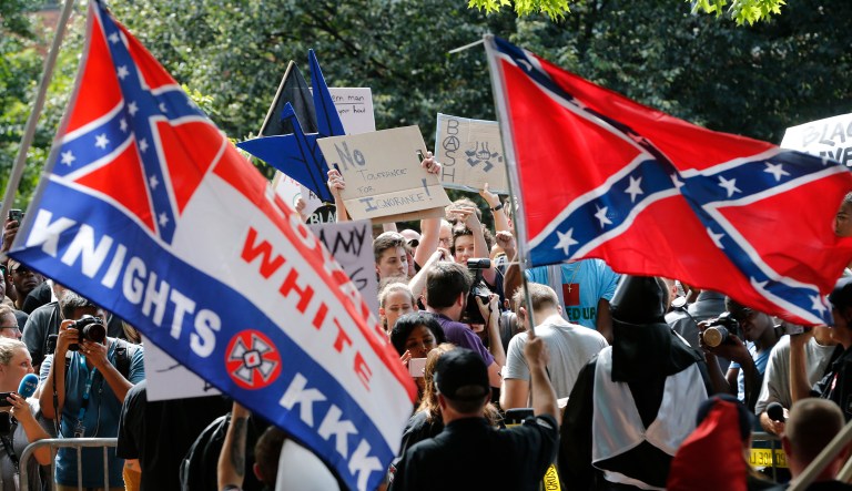 A large group of protesters demonstrate against a KKK rally in Justice on July 8, 2017, in Charlottesville, Va.