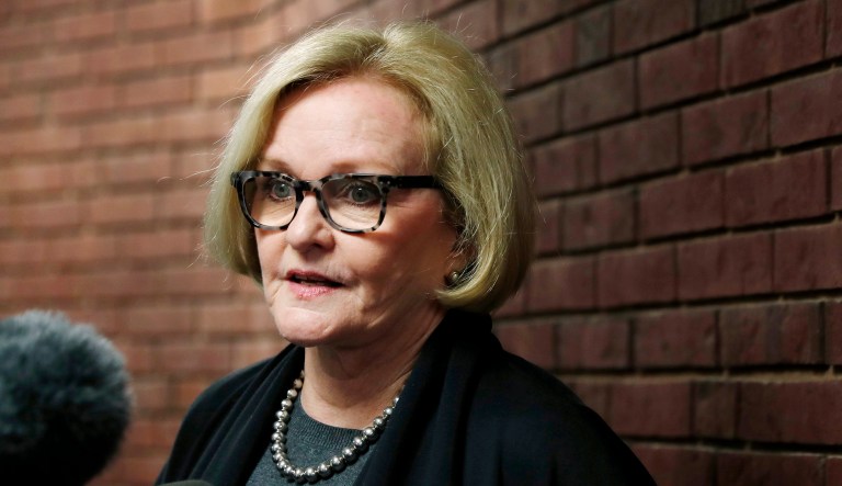 Sen. Claire McCaskill, D-Mo., speaks to the media following a town hall meeting in Hillsboro, Mo.