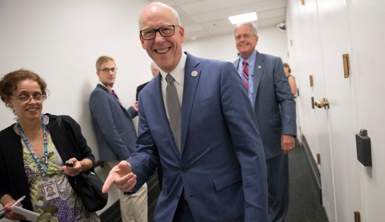 House Energy and Commerce Committee Chairman Rep. Greg Walden, R-Ore., a key steward of the House Republican health care bill, laughs with reporters following a House Republican Conference meeting on Capitol Hill in Washington, Friday, July 28, 2017. Dealing a serious blow to President Donald Trump's agenda, the Senate early Friday rejected a measure to repeal parts of former President Barack Obama's health care law after a night of high suspense in the U.S. Capitol. 