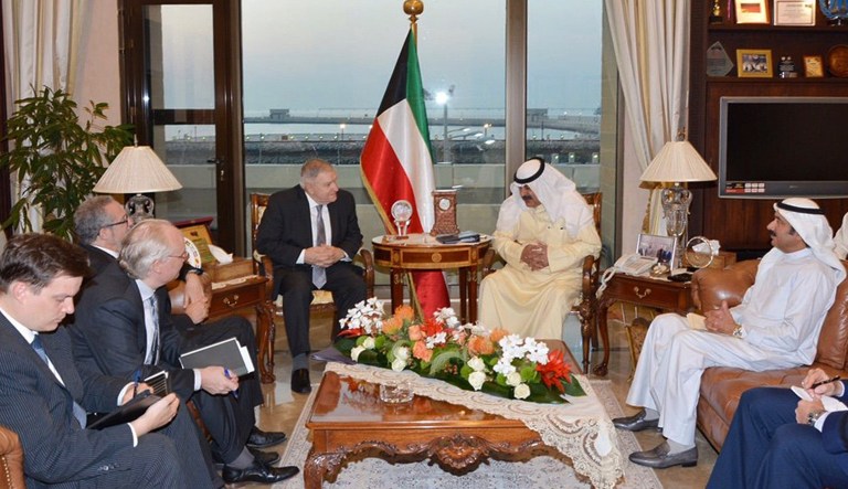 In this 2017 photo released by the Kuwait News Agency, retired U.S. Gen. Anthony Zinni, centre left, and Deputy Assistant Secretary of State Timothy Lenderking met with Kuwaiti Deputy Foreign Minister Khaled al-Jarallah, centre right, in Kuwait.