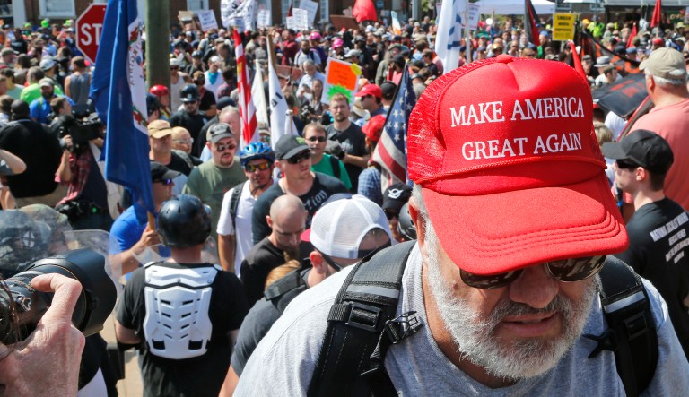 A white nationalist demonstrator walks into what was then called Lee Park in Charlottesville, Va., on Aug. 12, 2017.