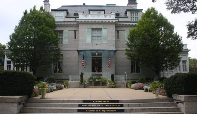 Buchanan House, residence of the superintendent of the U.S. Naval Academy, is seen in a  Wednesday, Aug. 23, 2017 photo, in Annapolis, Md. The home would need to change its name under a bill in Congress. 