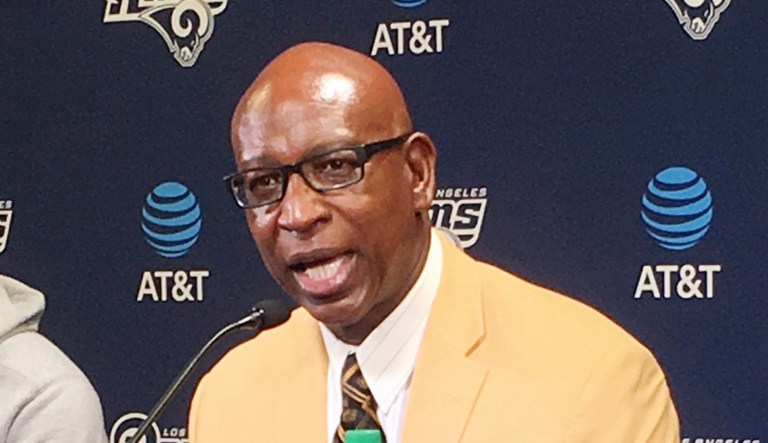 Eric Dickerson speaks during a press conference in 2017. Dickerson is one of several people who signed a letter to the National Football League requesting lifetime health insurance.